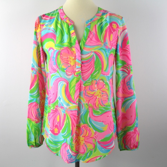 Lilly Pulitzer Silk Stacey Popover So A Peeling Monkey Elephant Pink Green Top S - Picture 2 of 7